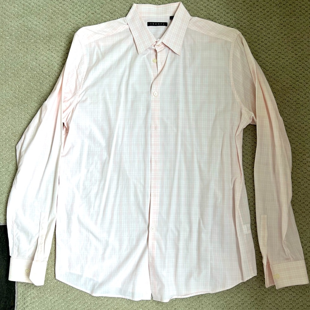 Theory Men's Light Pink Plaid Dress Shirt